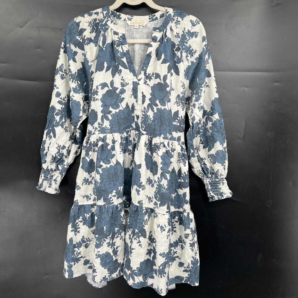 Mahi Gold 100% linen blue floral tiered dress long sleeve mini coastal boho M